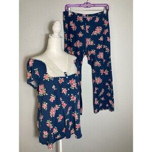Eileen West Pajama Set Blue Floral Lace Trim Short Sleeve Top Pants Women’s Med